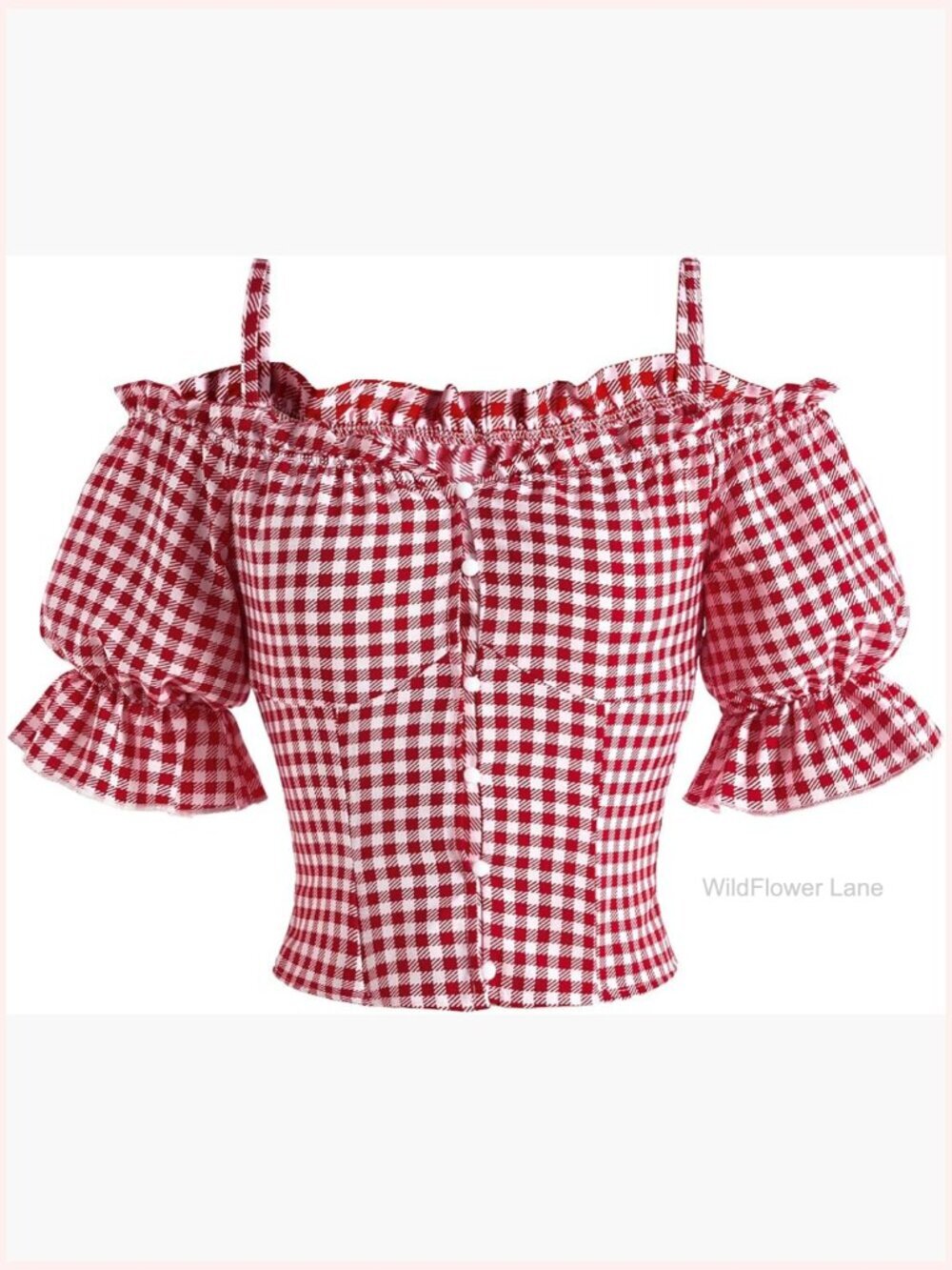 Gingham Cold Shoulder Blouse with Ruffle Sleeves Button Down
